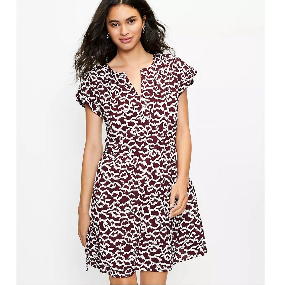 Ann Taylor Loft Brown White Button Up Short Sleeve V-Neck Tie Waist Dress XXSP